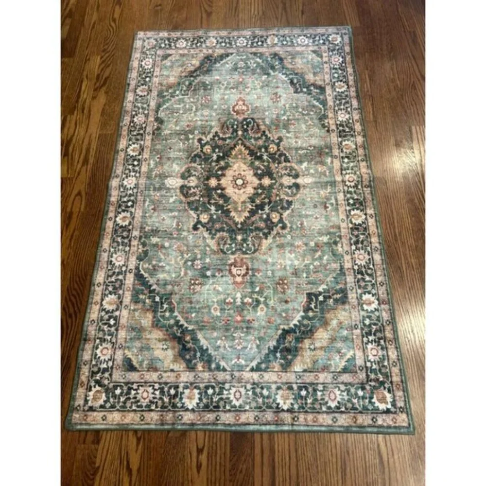 New 3x5 Green Area Rug, Washable Low-Pile Non-Slip Carpet for Home & Room